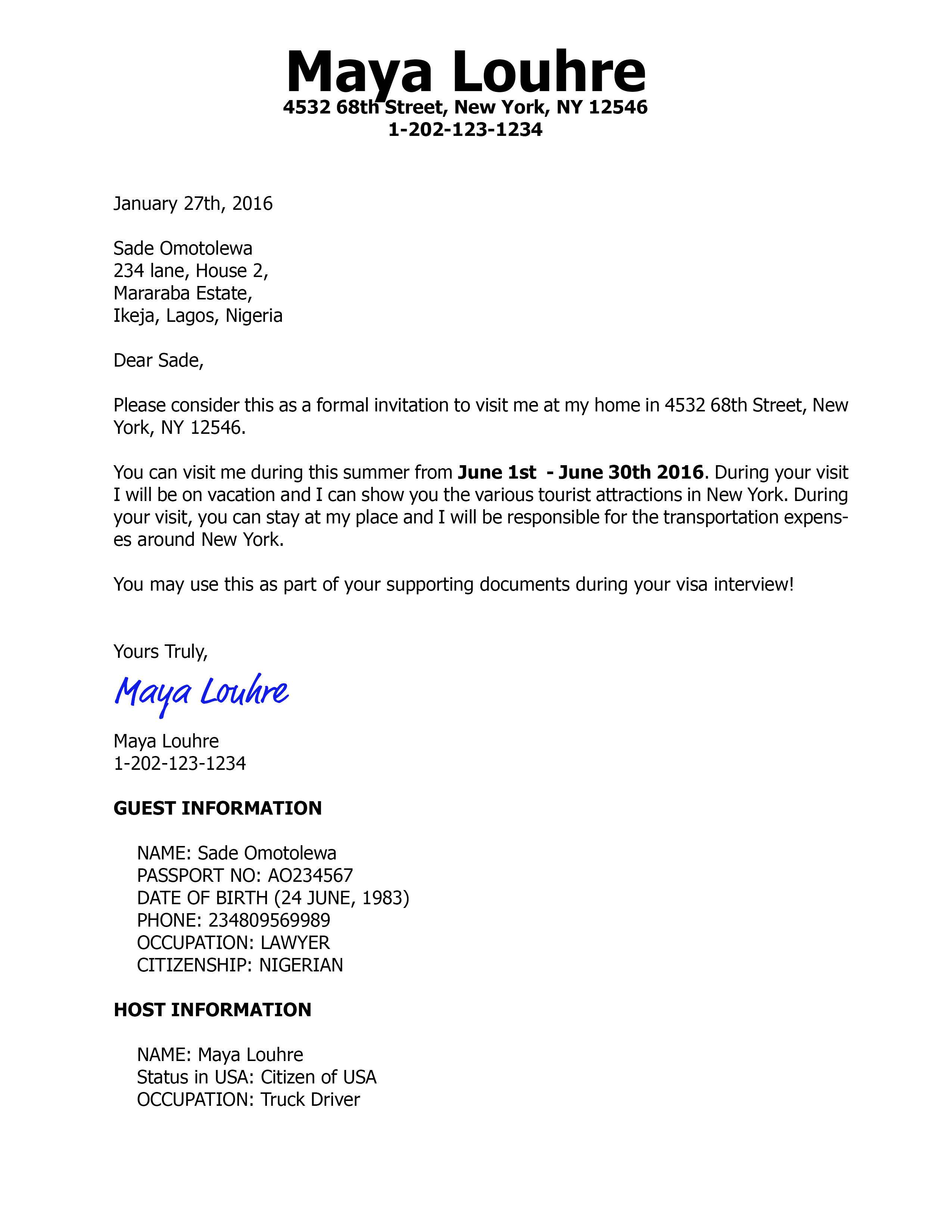 Sample Of Visa Invitation Letter